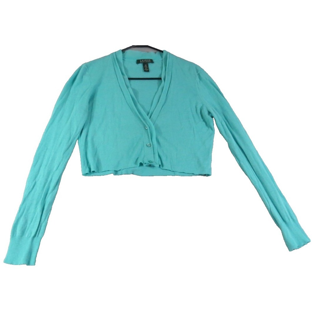 Lauren Ralph Lauren Cardigan Women S Teal Linen Cropped Long Sleeve Button Front